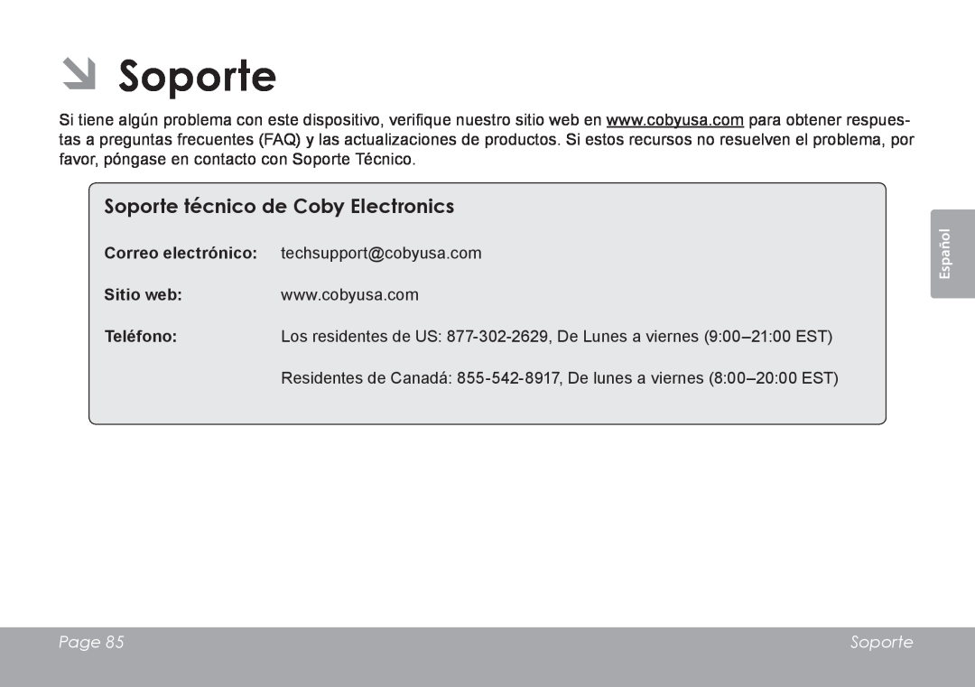 COBY electronic MID7120, MID8120 quick start ÂÂSoporte, Sitio web, Page, Español 