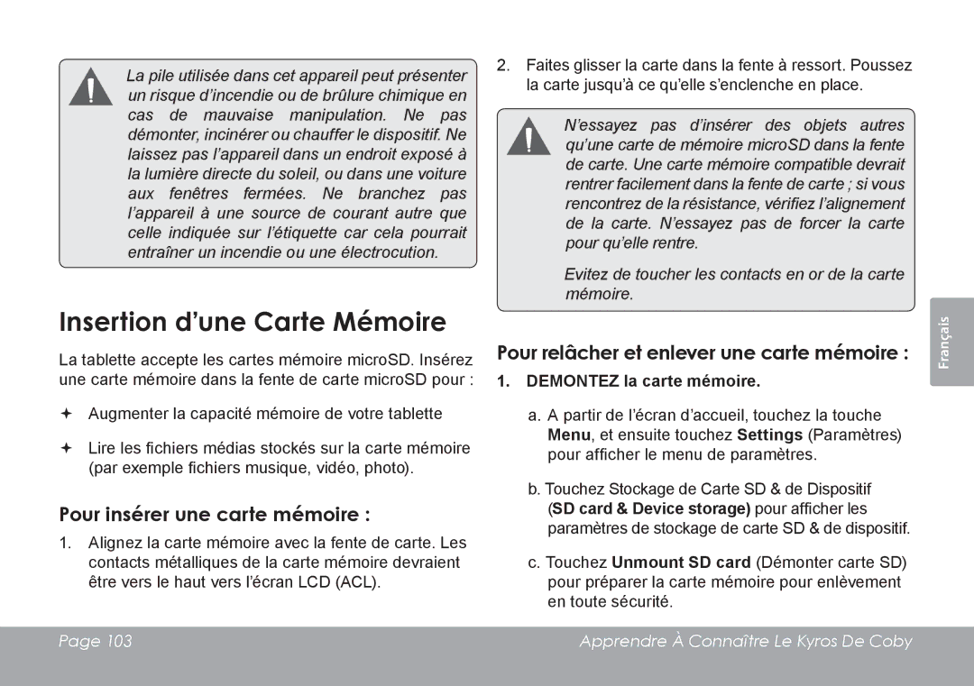 COBY electronic MID7127, MID8127 Insertion d’une Carte Mémoire, Pour insérer une carte mémoire, Demontez la carte mémoire 