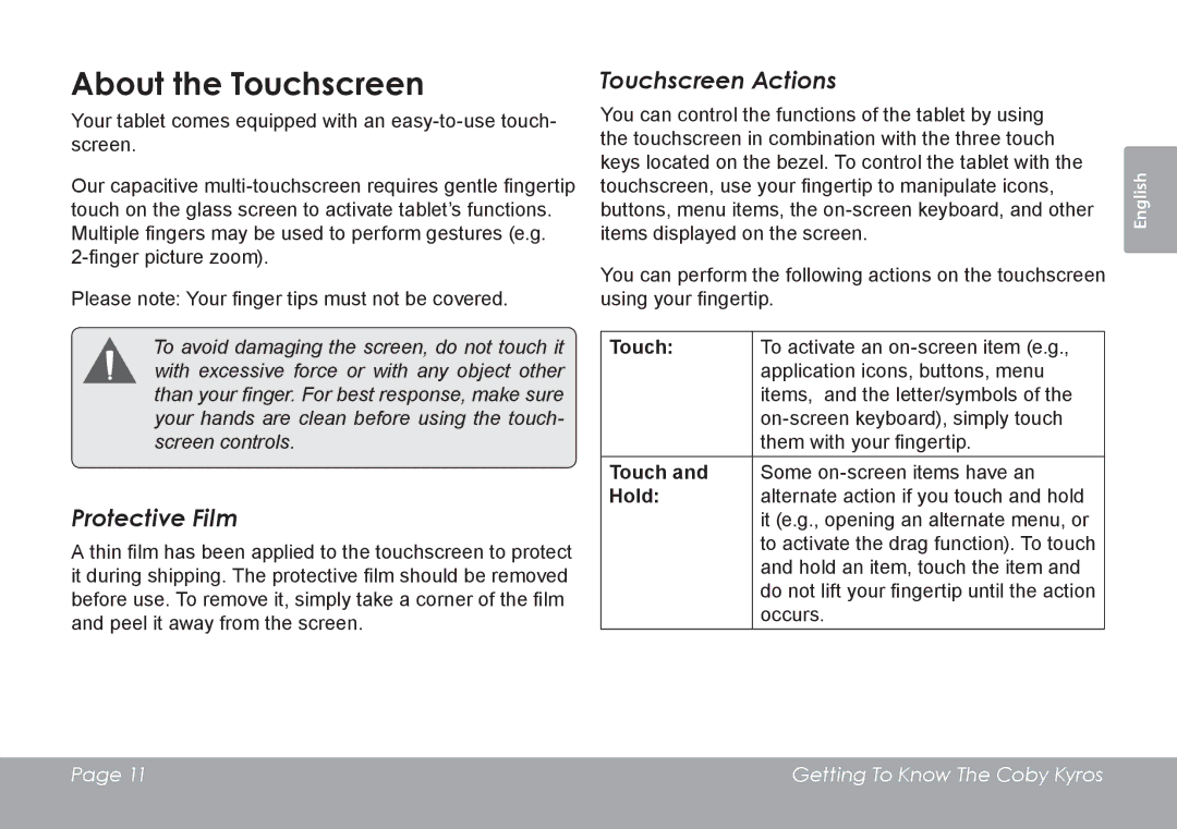 COBY electronic MID7127, MID8127 quick start About the Touchscreen, Protective Film, Touchscreen Actions, Hold 