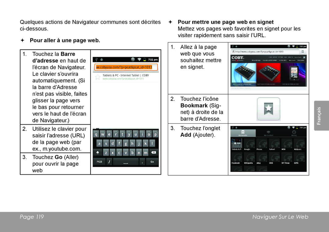 COBY electronic MID7127, MID8127 quick start  Pour aller à une page web,  Pour mettre une page web en signet 