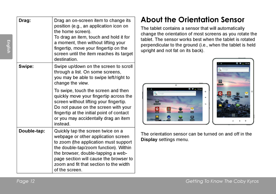 COBY electronic MID8127, MID7127 quick start About the Orientation Sensor, Drag, Swipe, Double-tap 