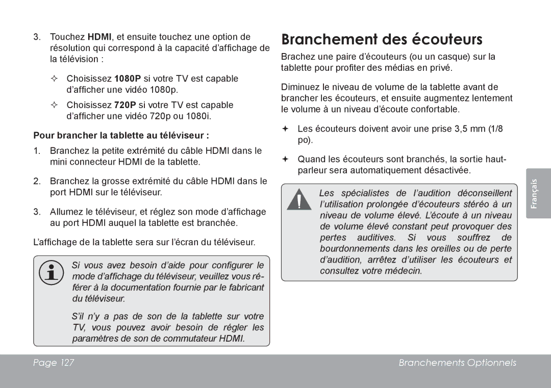 COBY electronic MID7127, MID8127 quick start Branchement des écouteurs, Pour brancher la tablette au téléviseur 