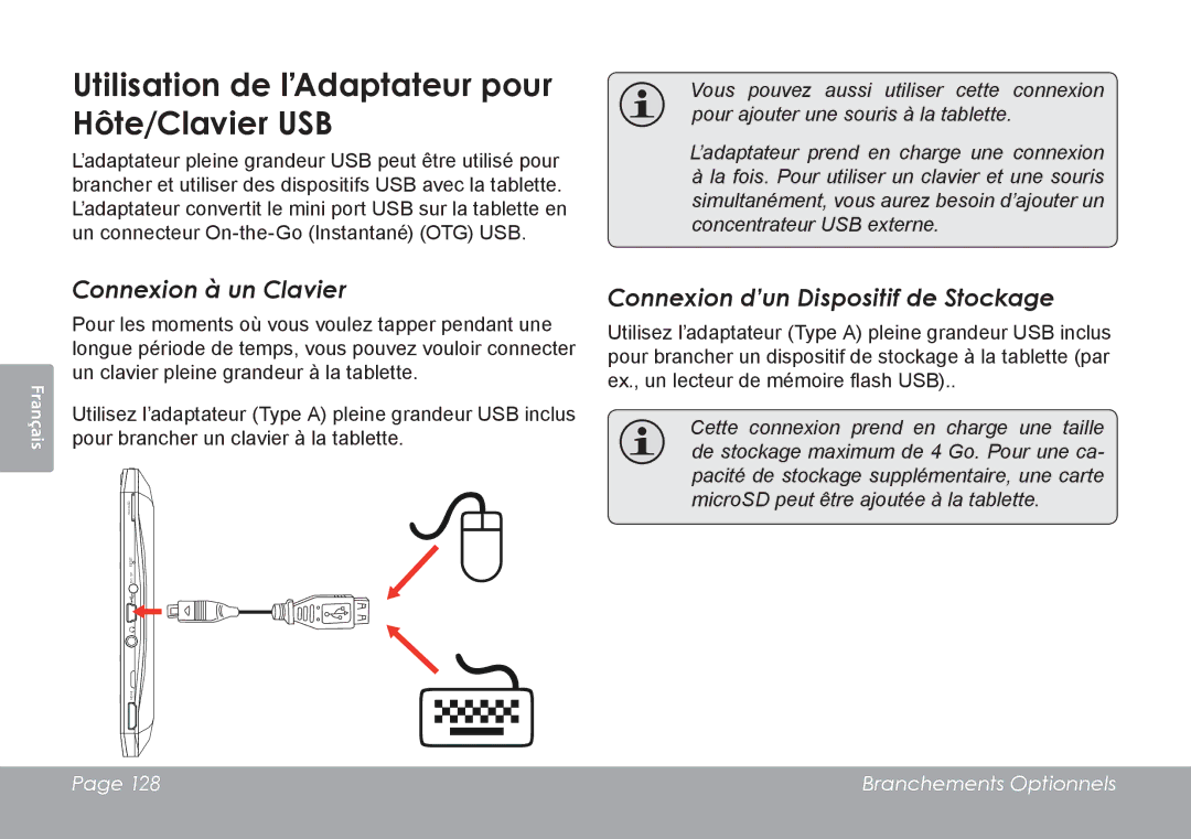 COBY electronic MID8127, MID7127 quick start Utilisation de l’Adaptateur pour Hôte/Clavier USB, Connexion à un Clavier 