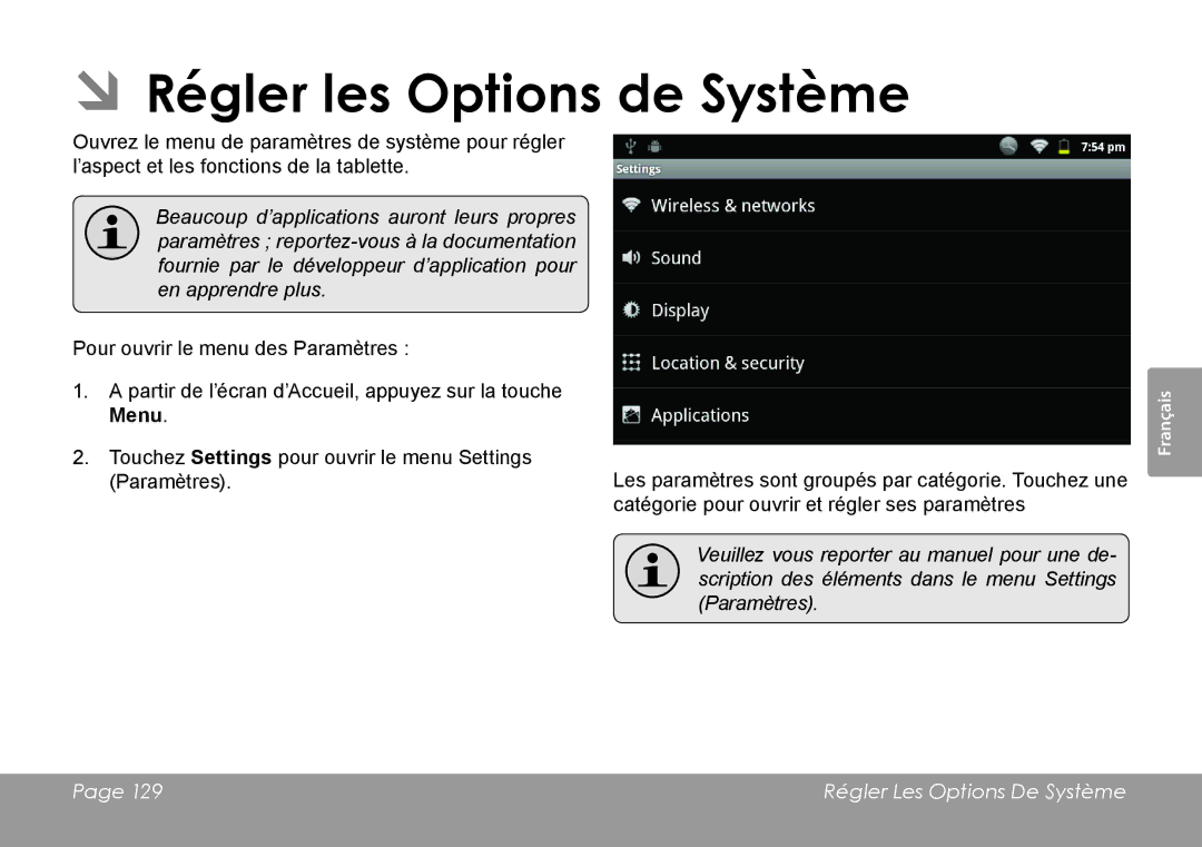 COBY electronic MID7127, MID8127 quick start ÂÂRégler les Options de Système 