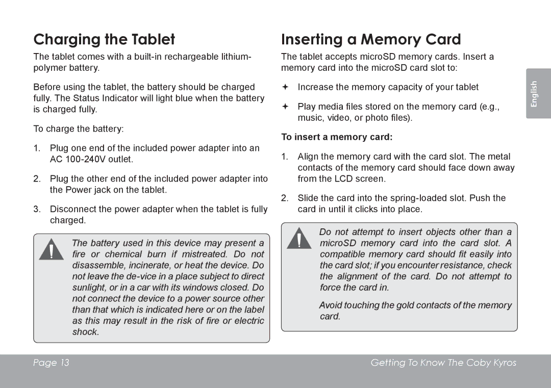 COBY electronic MID7127, MID8127 quick start Charging the Tablet, Inserting a Memory Card, To insert a memory card 