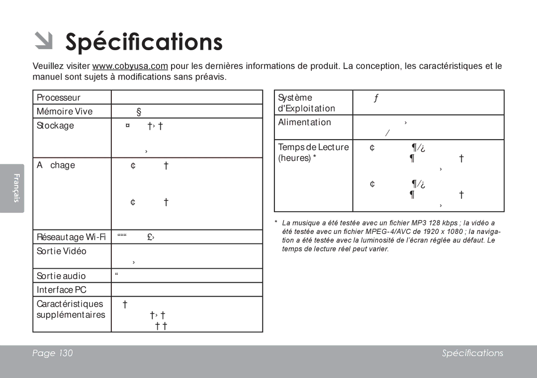 COBY electronic MID8127, MID7127 quick start ÂÂSpécifications 