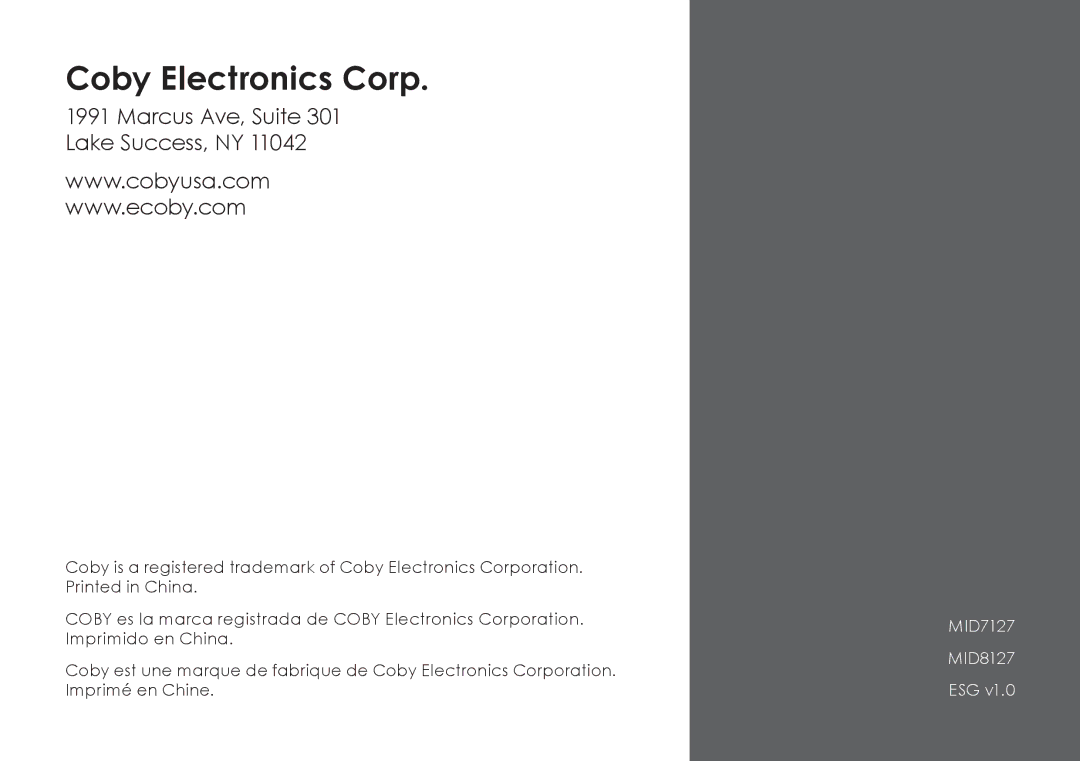 COBY electronic MID8127, MID7127 quick start Coby Electronics Corp 