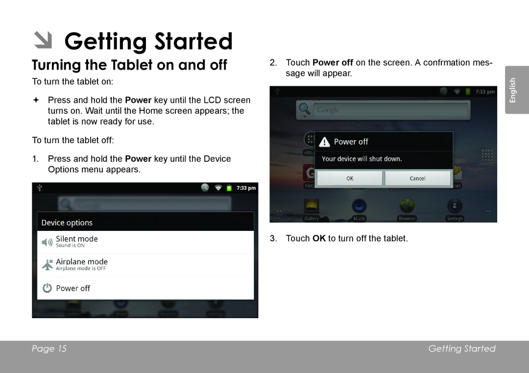 COBY electronic MID7127, MID8127 quick start ÂÂGetting Started, Turning the Tablet on and off 