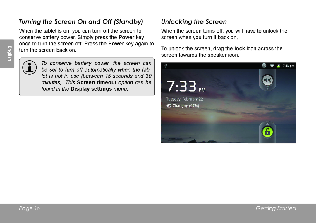 COBY electronic MID8127, MID7127 quick start Turning the Screen On and Off Standby, Unlocking the Screen 