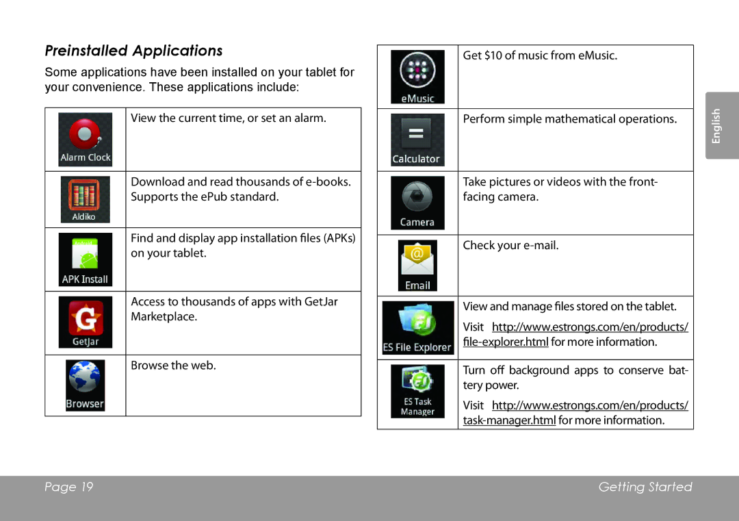 COBY electronic MID7127, MID8127 quick start Preinstalled Applications 