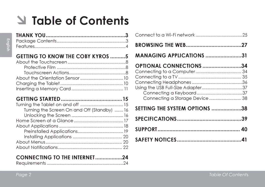 COBY electronic MID8127, MID7127 quick start ÂÂTable of Contents 