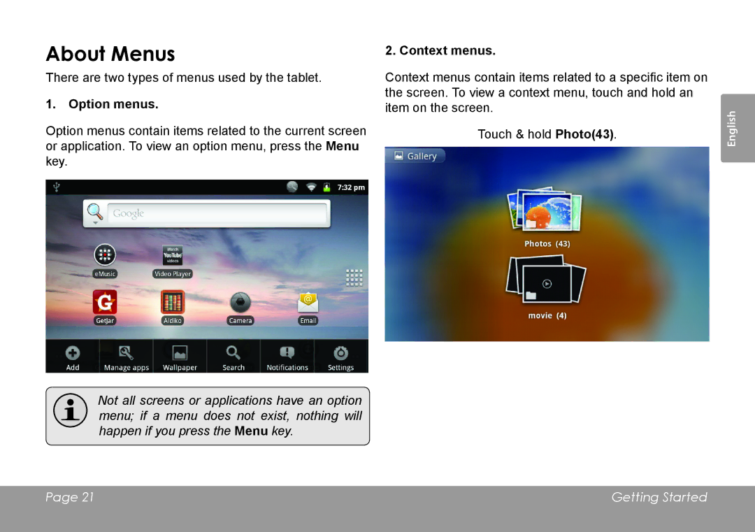 COBY electronic MID7127, MID8127 quick start About Menus, Option menus, Context menus 