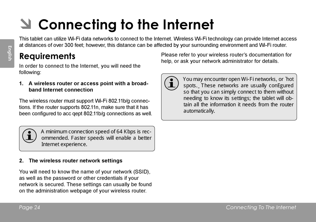 COBY electronic MID8127, MID7127 quick start Requirements, Wireless router network settings 