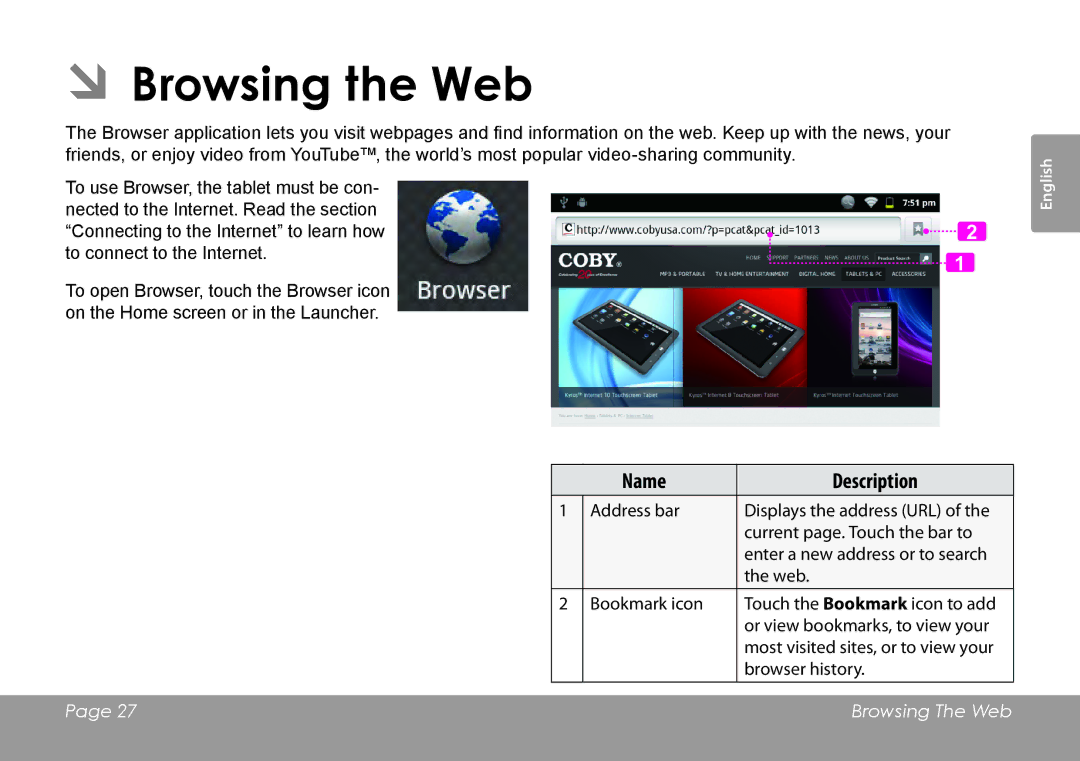 COBY electronic MID7127, MID8127 quick start ÂÂBrowsing the Web 