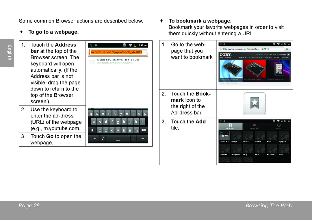 COBY electronic MID8127, MID7127 quick start  To go to a webpage,  To bookmark a webpage 