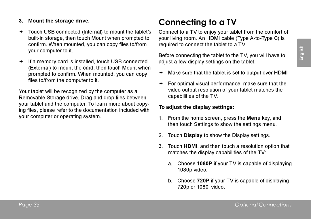 COBY electronic MID7127, MID8127 quick start Connecting to a TV, Mount the storage drive, To adjust the display settings 