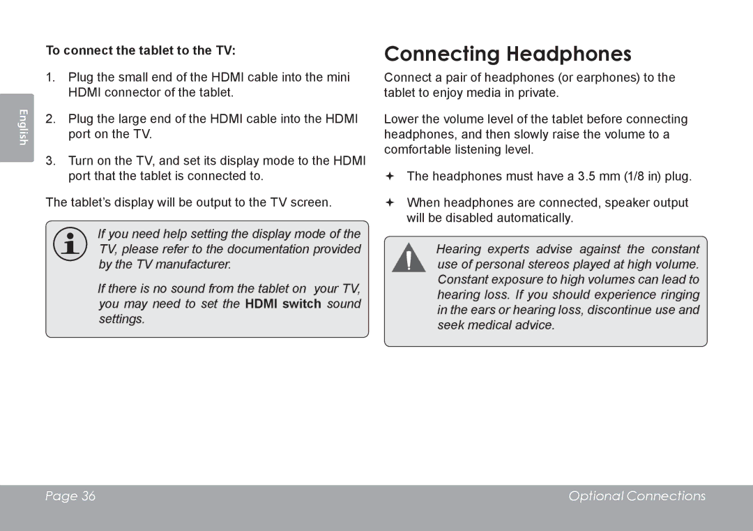 COBY electronic MID8127, MID7127 quick start Connecting Headphones, To connect the tablet to the TV 