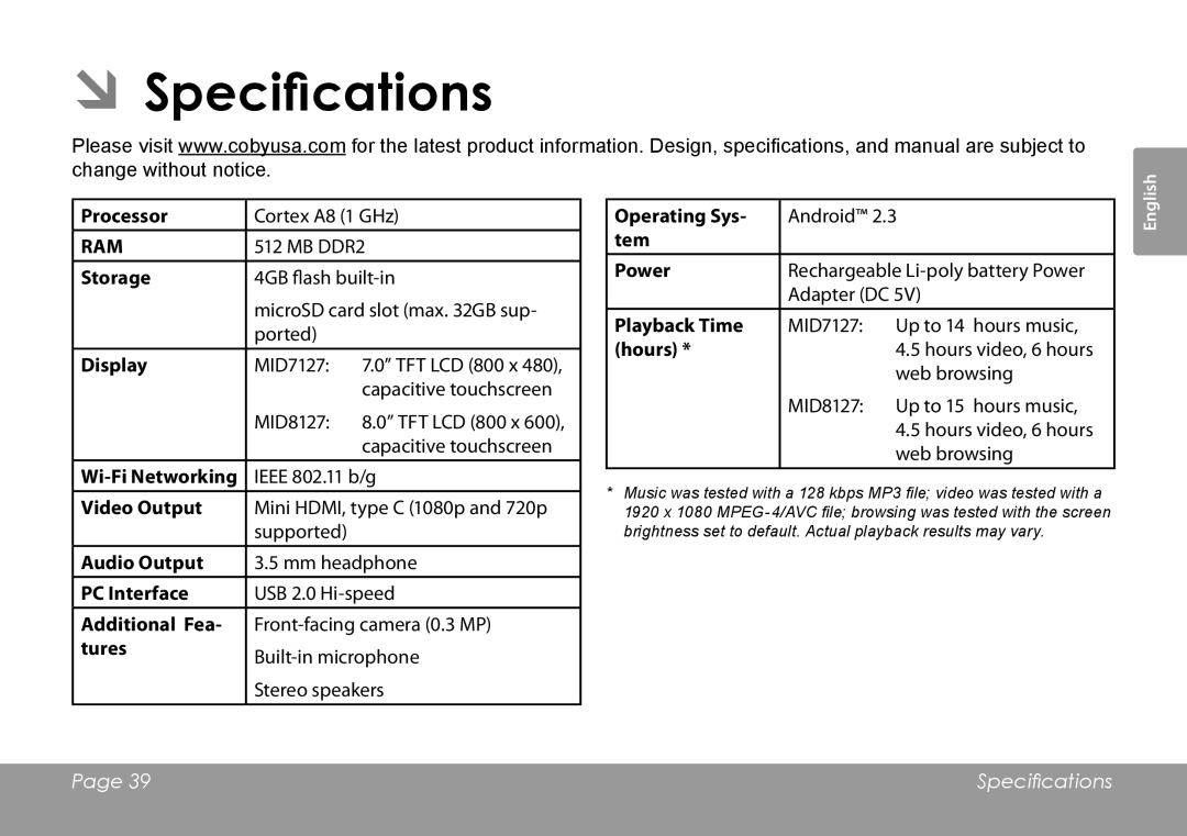 COBY electronic MID7127, MID8127 quick start ÂÂSpecifications 