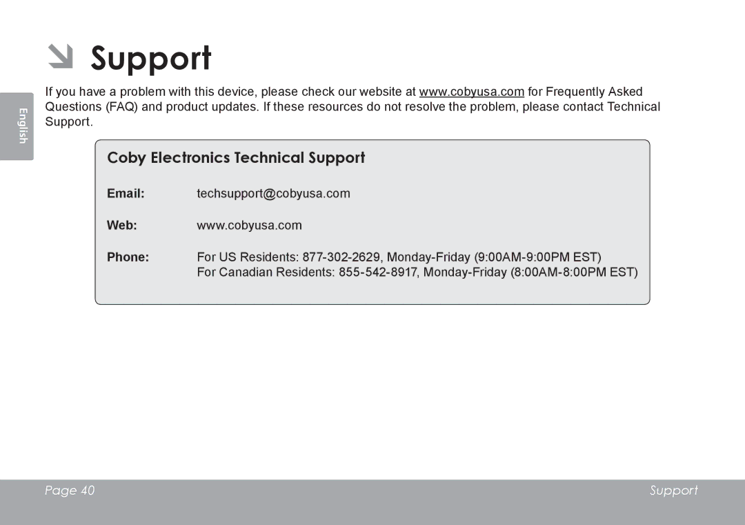 COBY electronic MID8127, MID7127 quick start ÂÂSupport, Coby Electronics Technical Support 