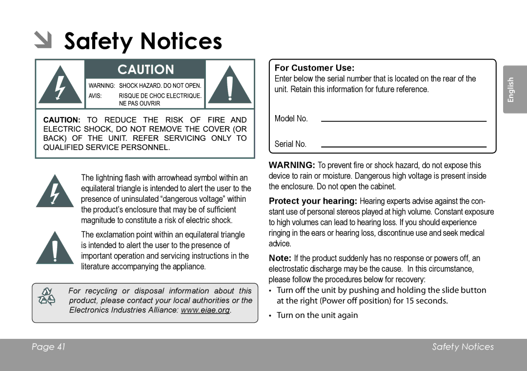 COBY electronic MID7127, MID8127 quick start ÂÂSafety Notices, For Customer Use 