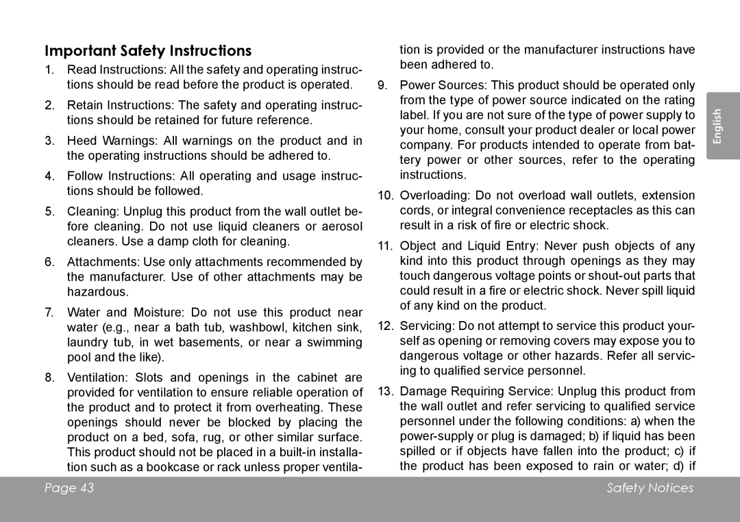 COBY electronic MID7127, MID8127 quick start Important Safety Instructions 