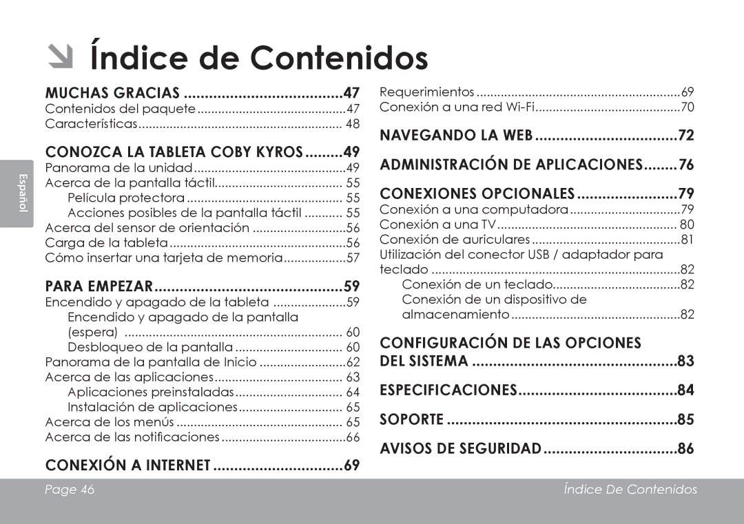 COBY electronic MID8127, MID7127 ÂÂÍndice de Contenidos, Muchas gracias, Conozca la tableta Coby Kyros, Para empezar 