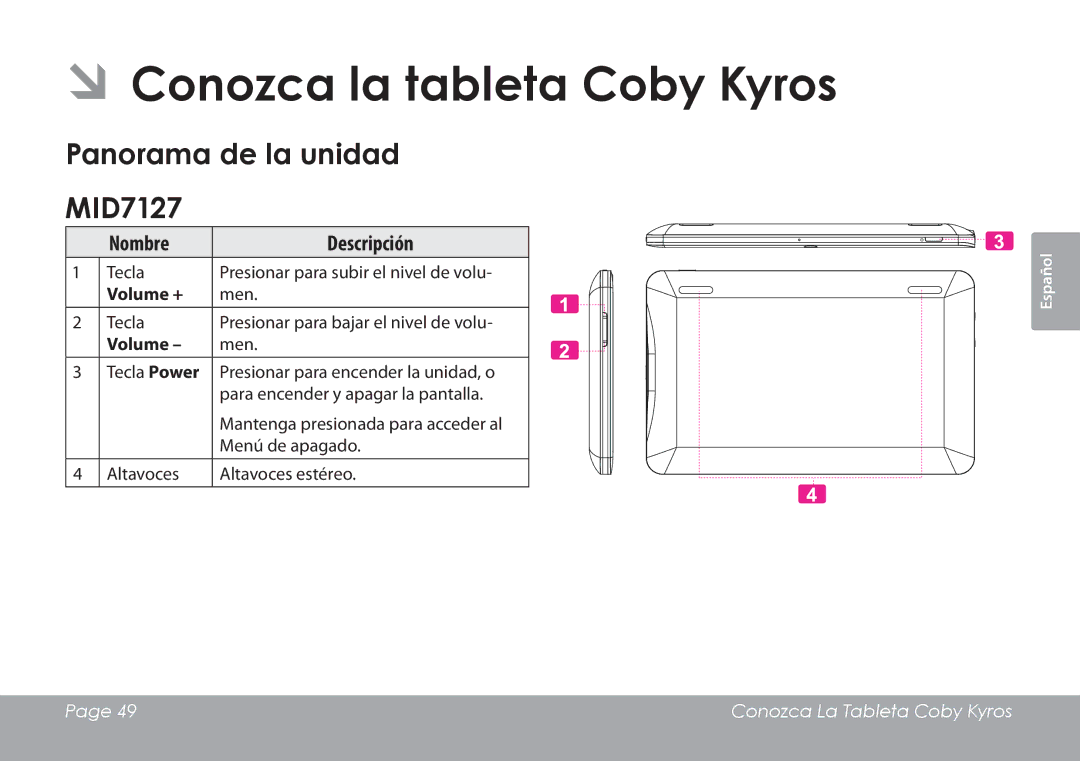 COBY electronic MID8127 quick start ÂÂConozca la tableta Coby Kyros, Panorama de la unidad MID7127, Volume + 