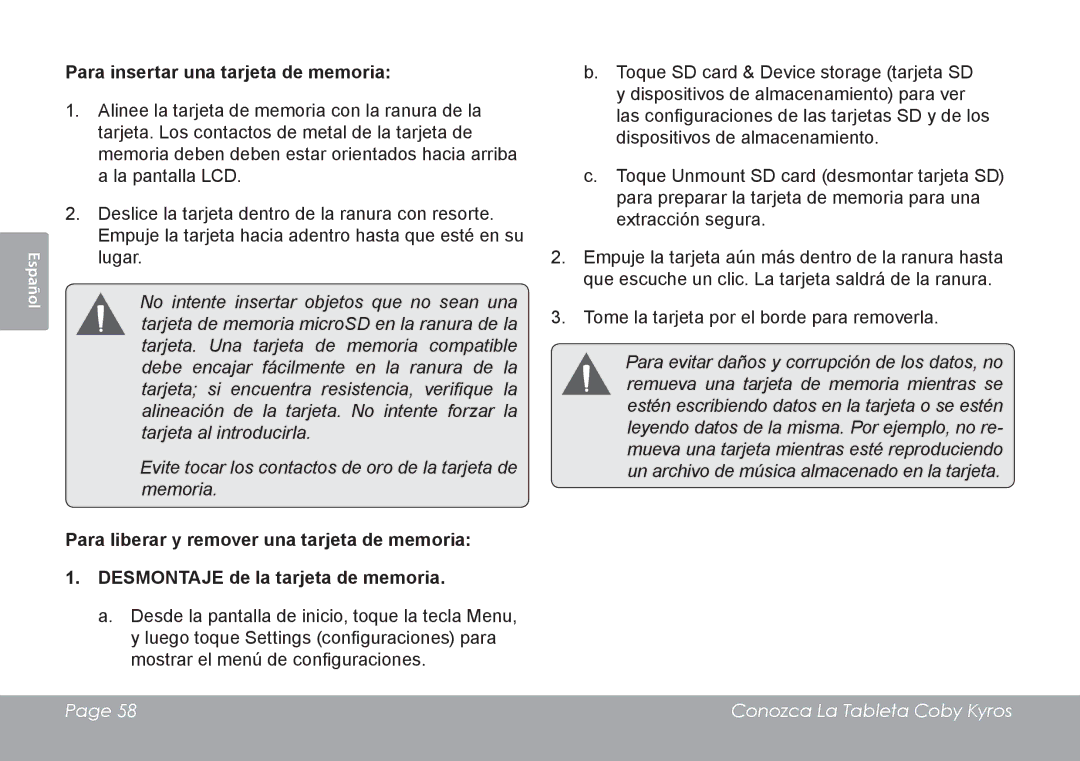 COBY electronic MID8127, MID7127 quick start Para insertar una tarjeta de memoria 