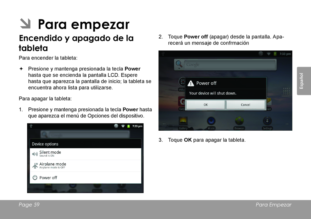 COBY electronic MID7127, MID8127 quick start ÂÂPara empezar, Encendido y apagado de la tableta 