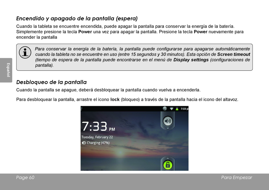 COBY electronic MID8127, MID7127 quick start Encendido y apagado de la pantalla espera, Desbloqueo de la pantalla 