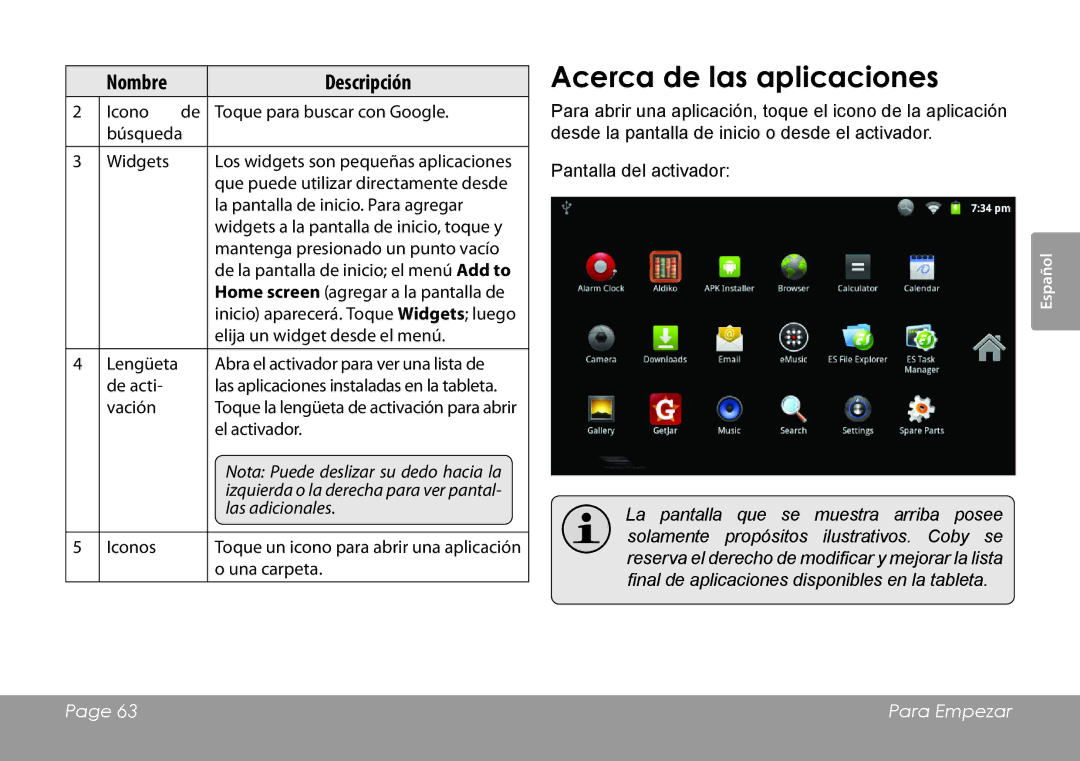 COBY electronic MID7127, MID8127 quick start Acerca de las aplicaciones 