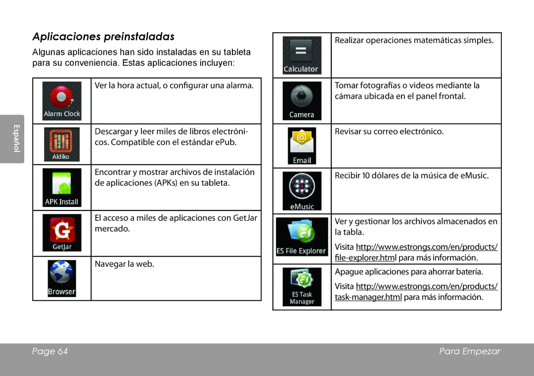 COBY electronic MID8127, MID7127 quick start Aplicaciones preinstaladas 