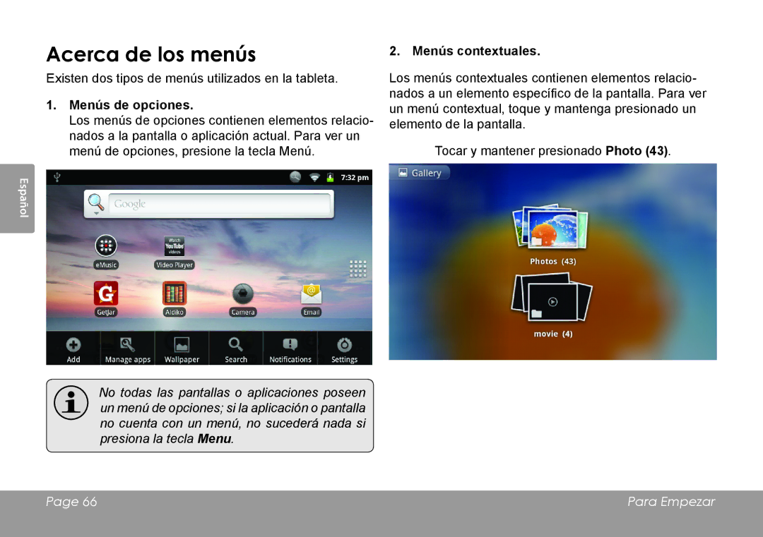 COBY electronic MID8127, MID7127 quick start Acerca de los menús, Menús de opciones, Menús contextuales 