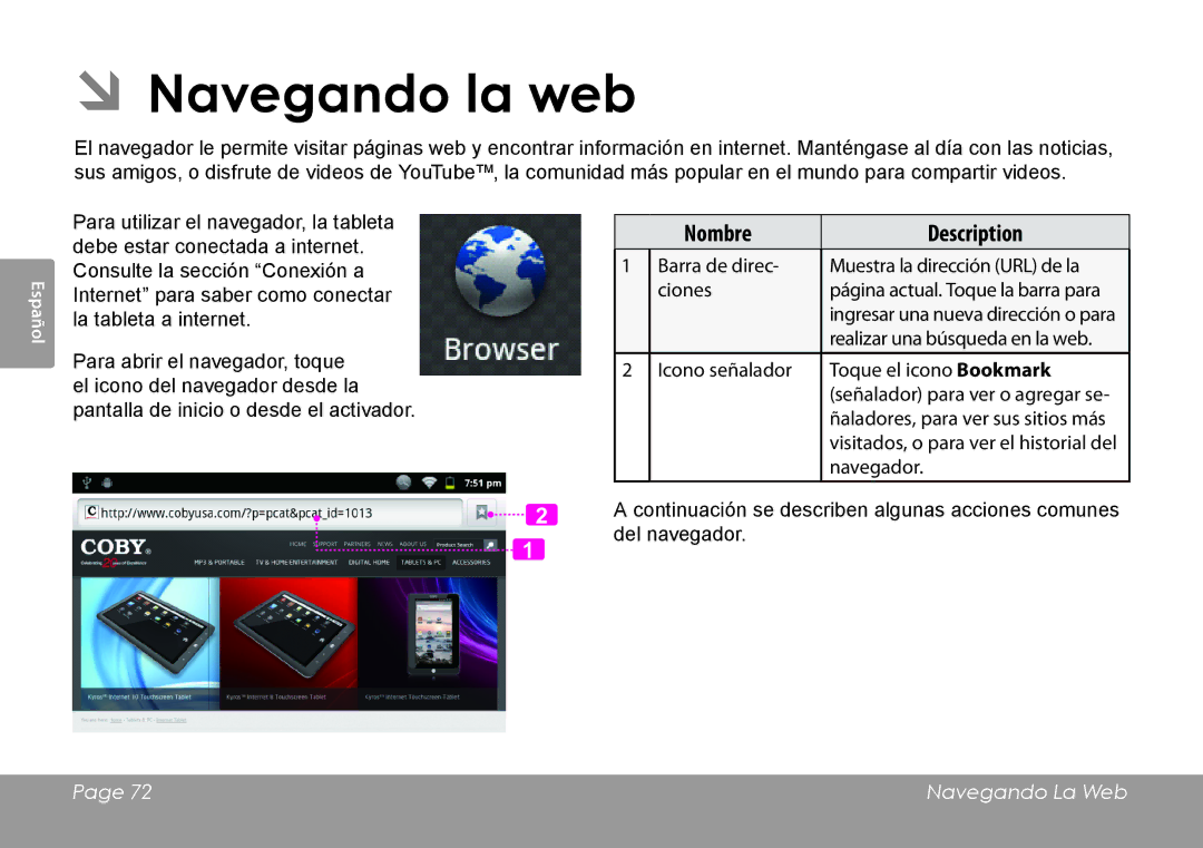 COBY electronic MID8127, MID7127 quick start ÂÂNavegando la web, Nombre Description 
