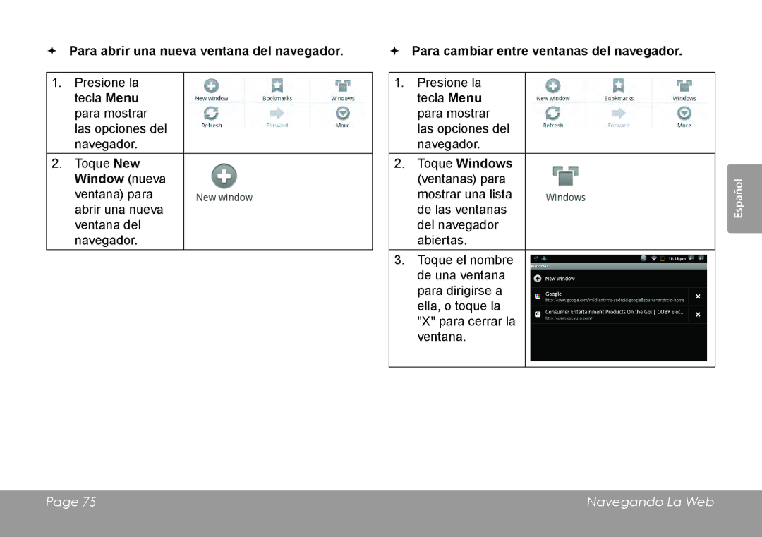 COBY electronic MID7127  Para abrir una nueva ventana del navegador,  Para cambiar entre ventanas del navegador 