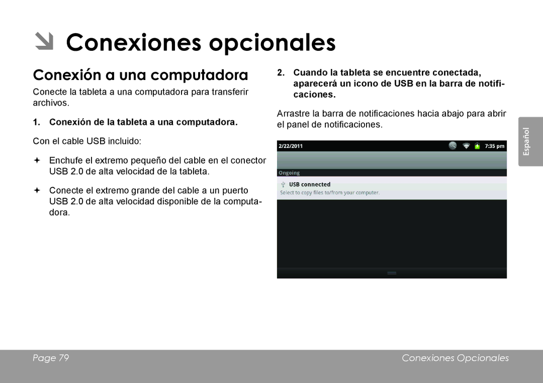 COBY electronic MID7127 ÂÂConexiones opcionales, Conexión a una computadora, Conexión de la tableta a una computadora 