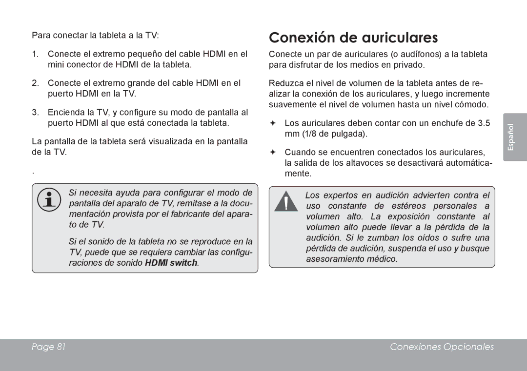 COBY electronic MID7127, MID8127 quick start Conexión de auriculares 