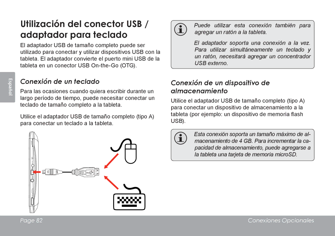 COBY electronic MID8127, MID7127 quick start Utilización del conector USB / adaptador para teclado, Conexión de un teclado 