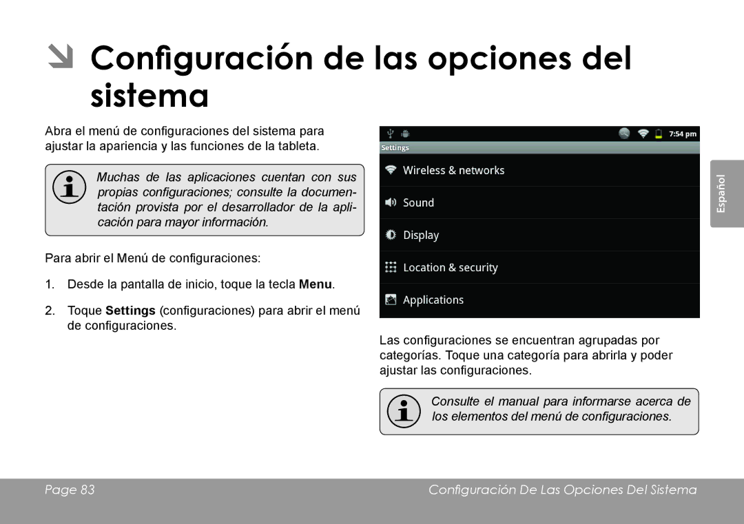 COBY electronic MID7127, MID8127 quick start ÂÂConfiguración de las opciones del sistema 