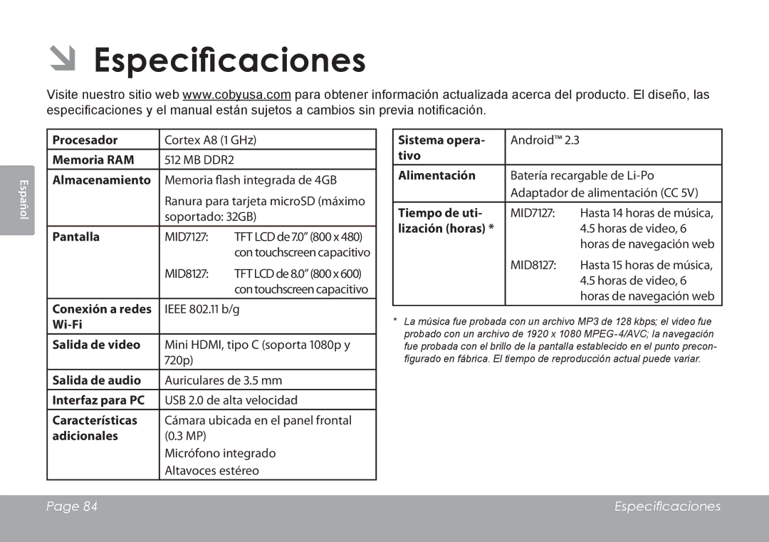 COBY electronic MID8127, MID7127 quick start ÂÂEspecificaciones 