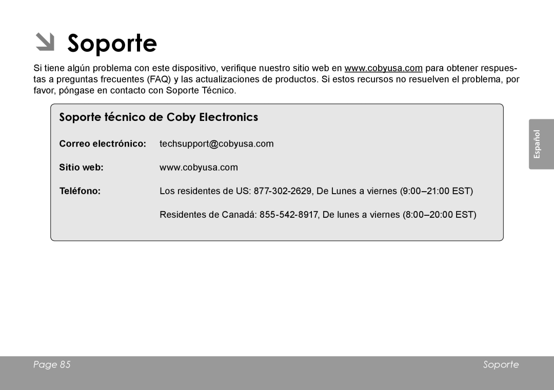 COBY electronic MID7127, MID8127 quick start ÂÂSoporte, Soporte técnico de Coby Electronics, Sitio web 