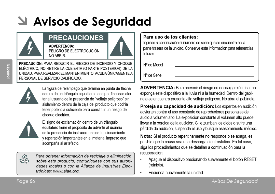 COBY electronic MID8127, MID7127 quick start ÂÂAvisos de Seguridad, Para uso de los clientes 