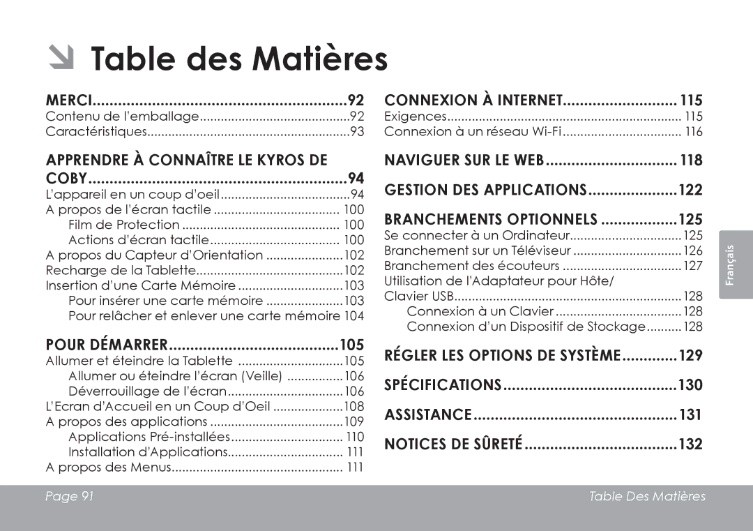 COBY electronic MID7127, MID8127 ÂÂTable des Matières, Merci, Apprendre à connaître le Kyros de Coby, Pour Démarrer 105 