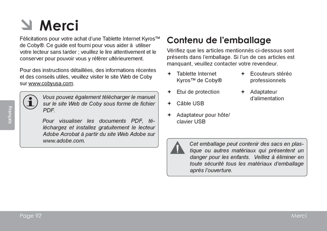 COBY electronic MID8127, MID7127 quick start ÂÂMerci, Contenu de l’emballage 