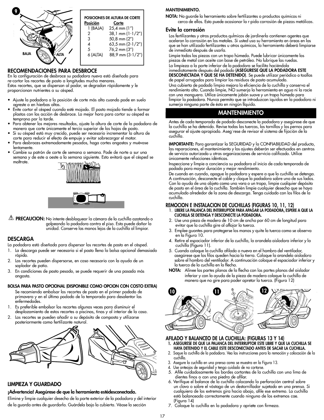 COBY electronic MM675 Recomendaciones Para Desbroce, Descarga, Remocion E Instalacion DE Cuchillas Figuras 10, 11 