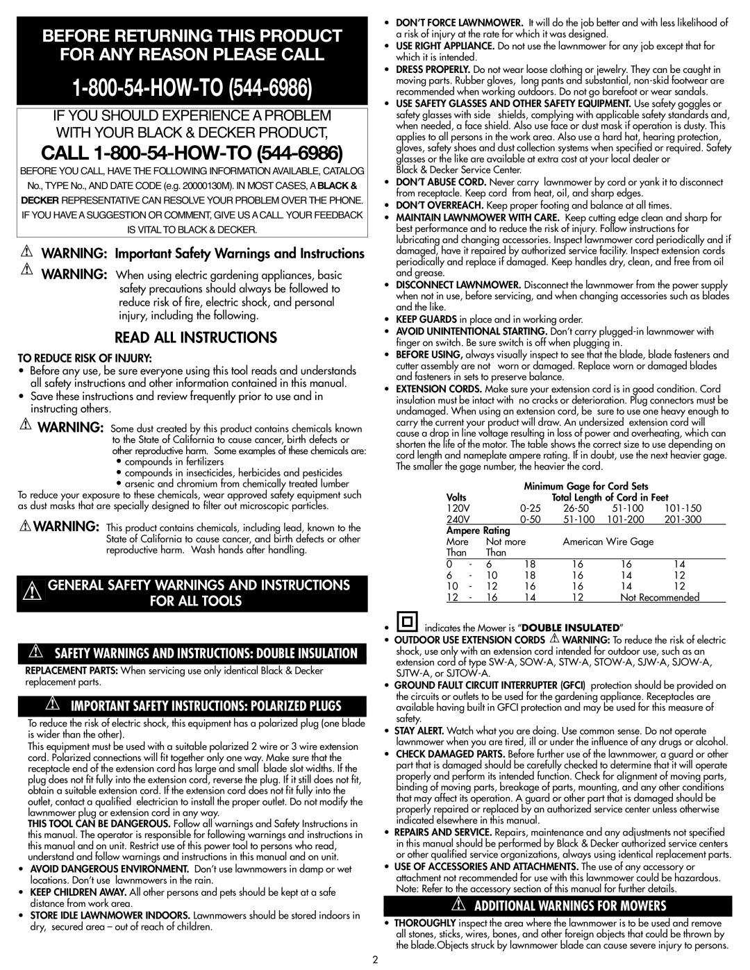 COBY electronic MM675 instruction manual Read ALL Instructions, Additional Warnings for Mowers, To Reduce Risk of Injury 