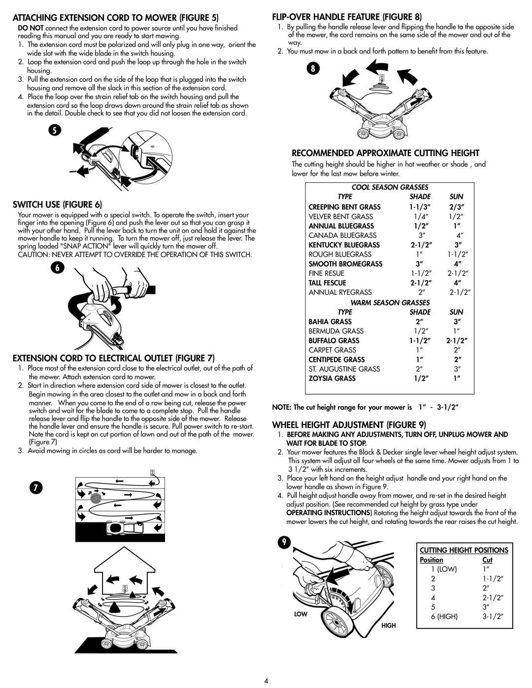 COBY electronic MM675 Attaching Extension Cord to Mower Figure, Switch USE Figure, FLIP-OVER Handle Feature Figure 