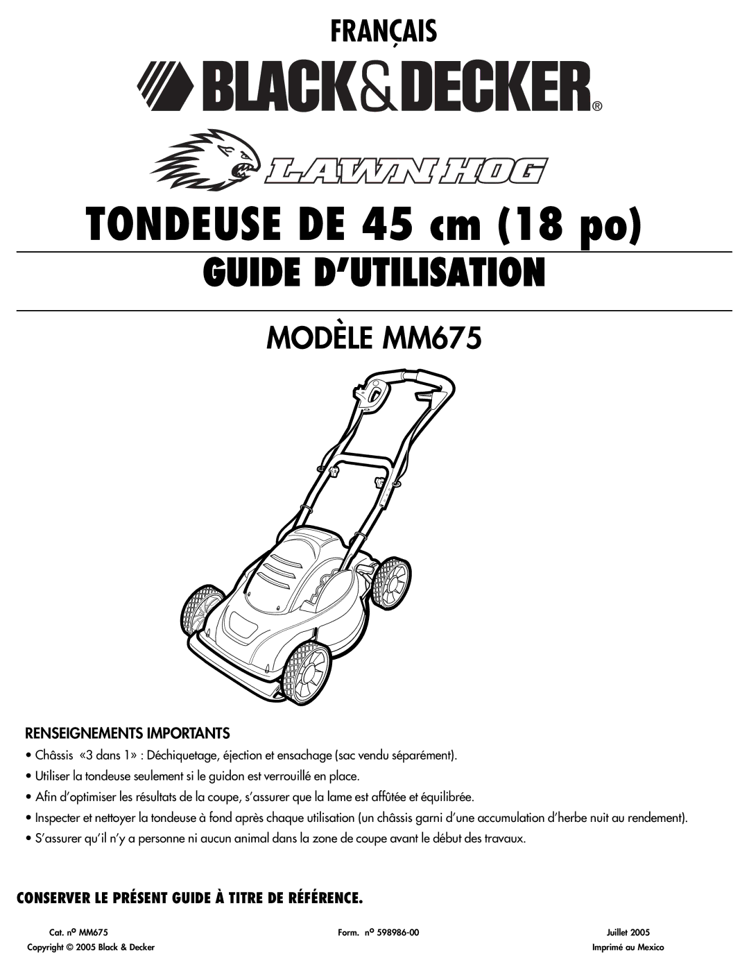 COBY electronic MM675 instruction manual Tondeuse DE 45 cm 18 po, Renseignements Importants 