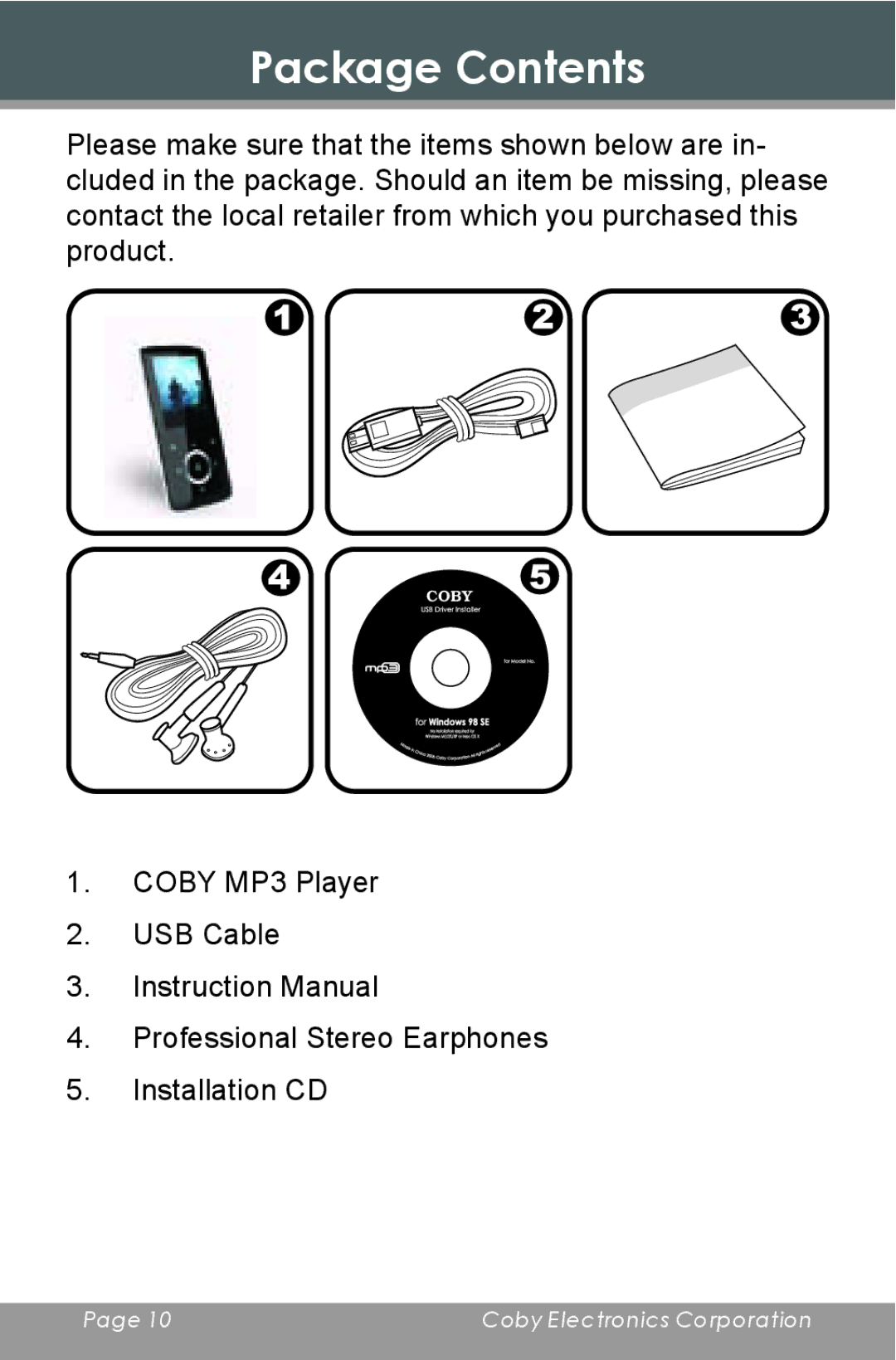 COBY electronic MP-705-4G, MP-705-2G, MP-705-1G instruction manual Package Contents 