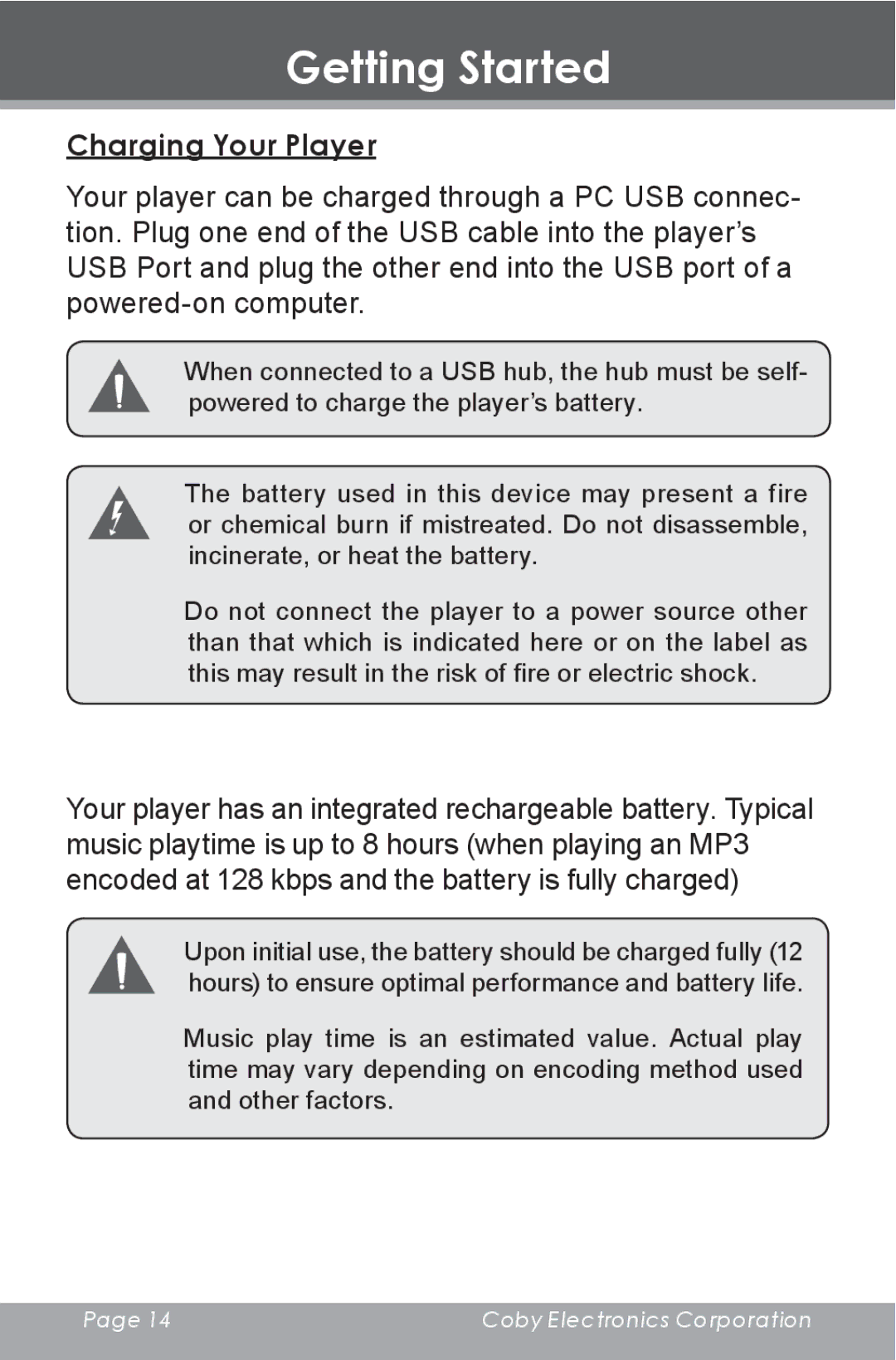 COBY electronic MP-705-1G, MP-705-2G, MP-705-4G instruction manual Charging Your Player 